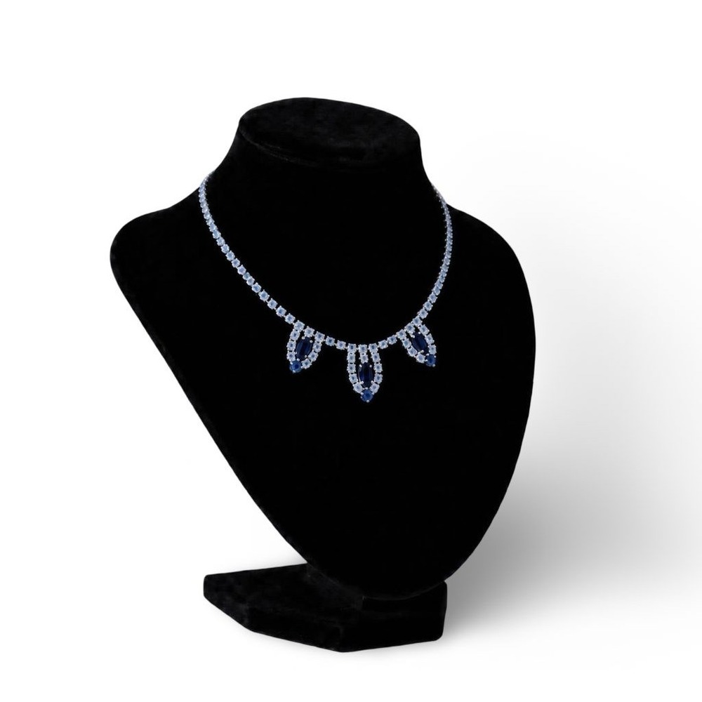 Vintage Sherman Signed Blue Sapphire Rhinestone Bib Necklace Canada 1950s 15in